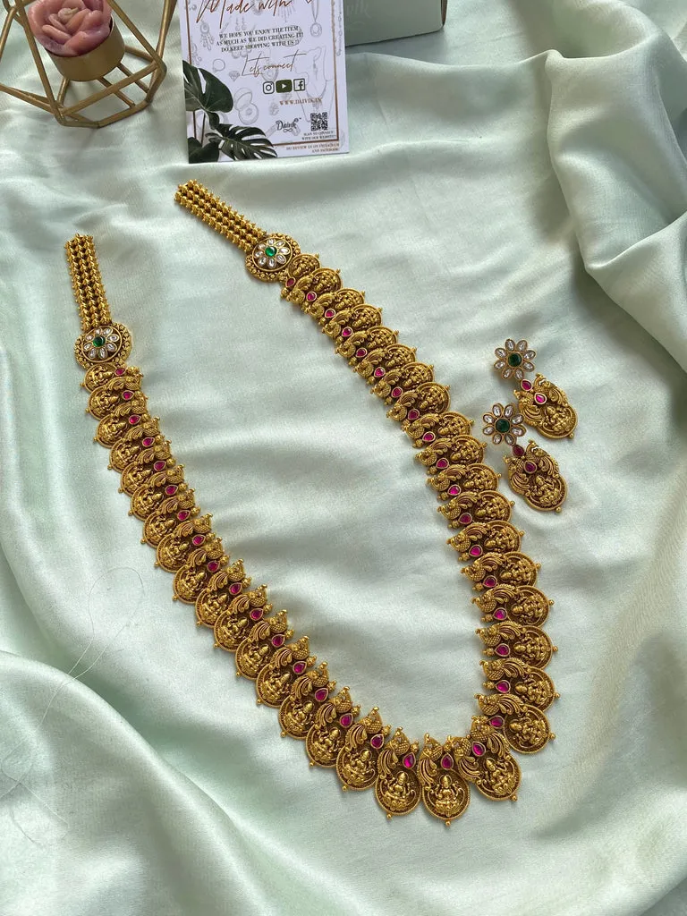 Bridal Peacock Coin Lakshmi Long Haram with earrings